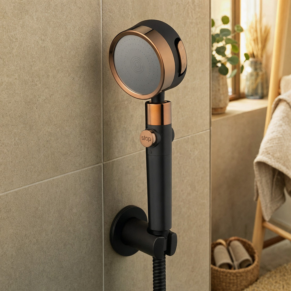 Verdelisse Filtered Showerhead in Black, close-up of the rose-gold ring and stop button