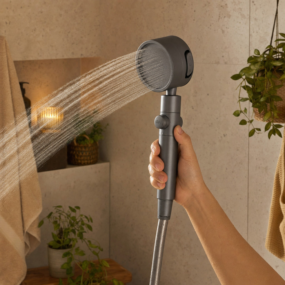 Verdelisse Filtered Showerhead in Grey, held in the hand with water spraying