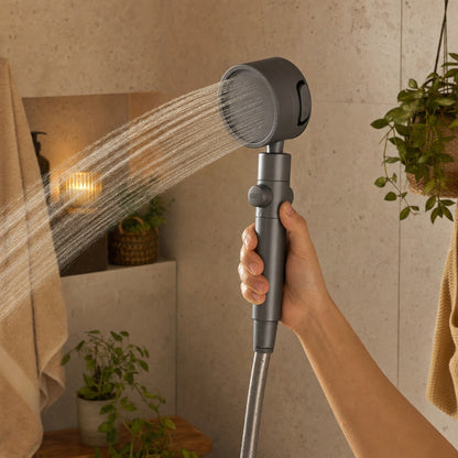 Verdelisse Filtered Showerhead in Grey, held in the hand with water spraying