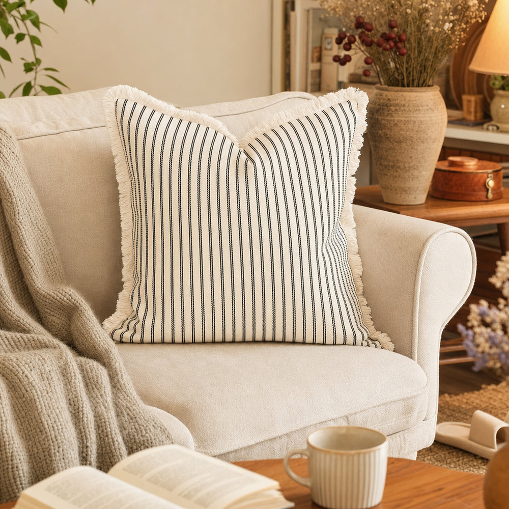 Verdelisse Striped Cushion Cover in Black, on a cozy cream sofa