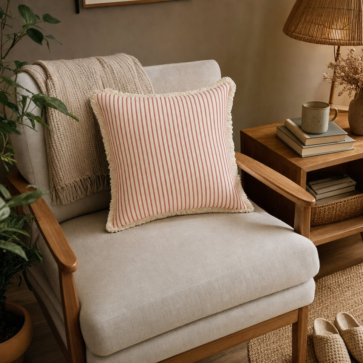 Verdelisse Striped Cushion Cover in Red, on a linen armchair in a reading corner