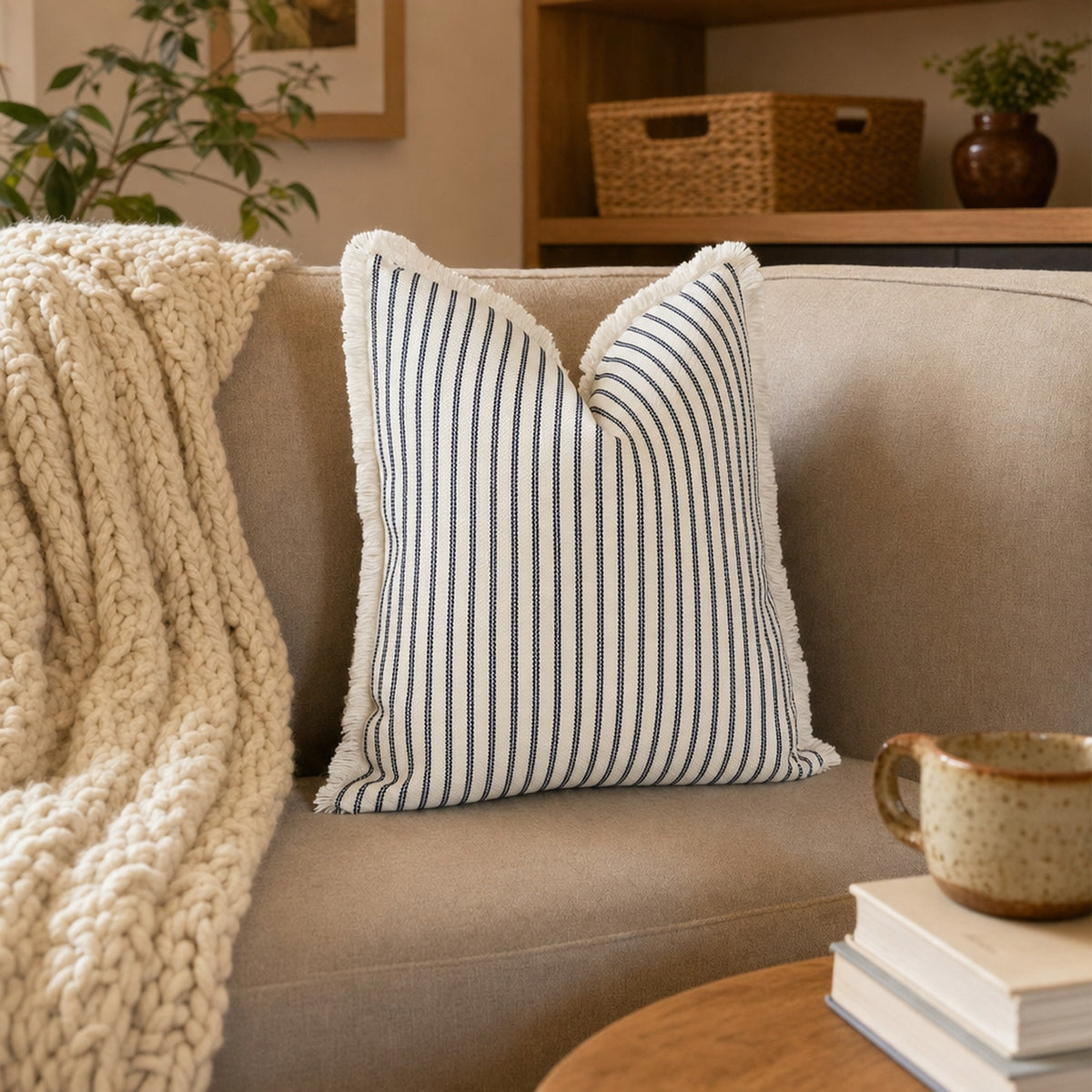 Verdelisse Striped Cushion Cover in Navy Blue, on a beige sofa with a knit throw