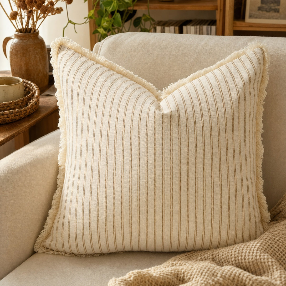 Verdelisse Striped Cushion Cover in Khaki, close-up of the pinstripes and fringe