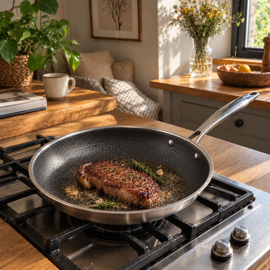 Verdelisse Stainless Steel Frying Pan searing a steak with rosemary and garlic on a gas hob in a sunny kitchen
