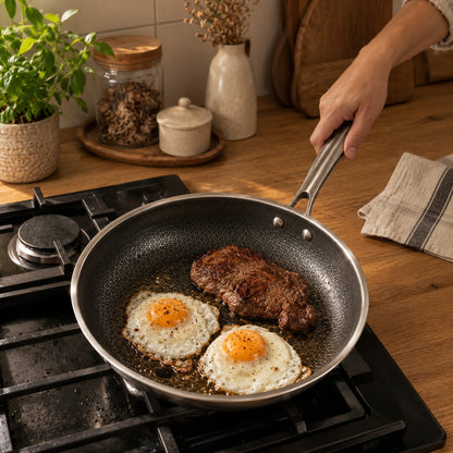 Verdelisse Stainless Steel Frying Pan frying two eggs and a steak on a gas hob