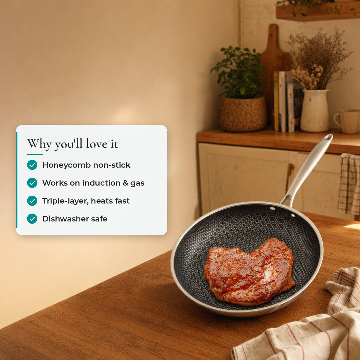 Verdelisse Stainless Steel Frying Pan: Honeycomb non-stick, Works on induction & gas, Triple-layer, heats fast, Dishwasher safe