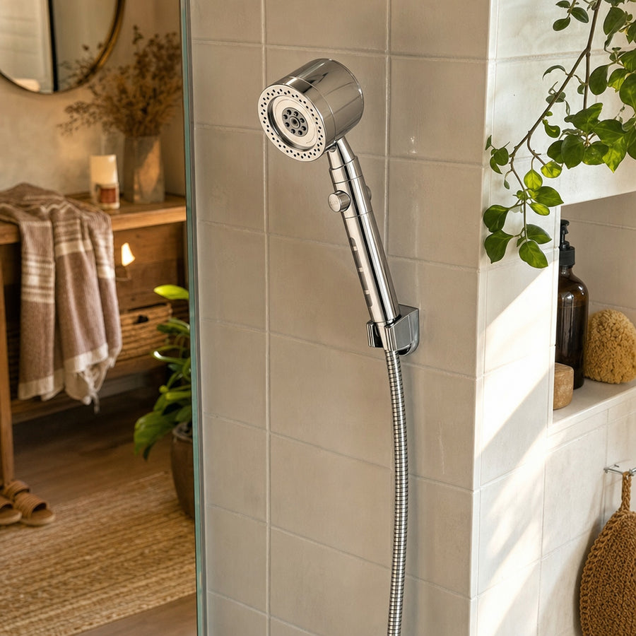 Verdelisse Pressure-Boosting Handheld Shower in Silvery, in its wall holder in a walk-in shower