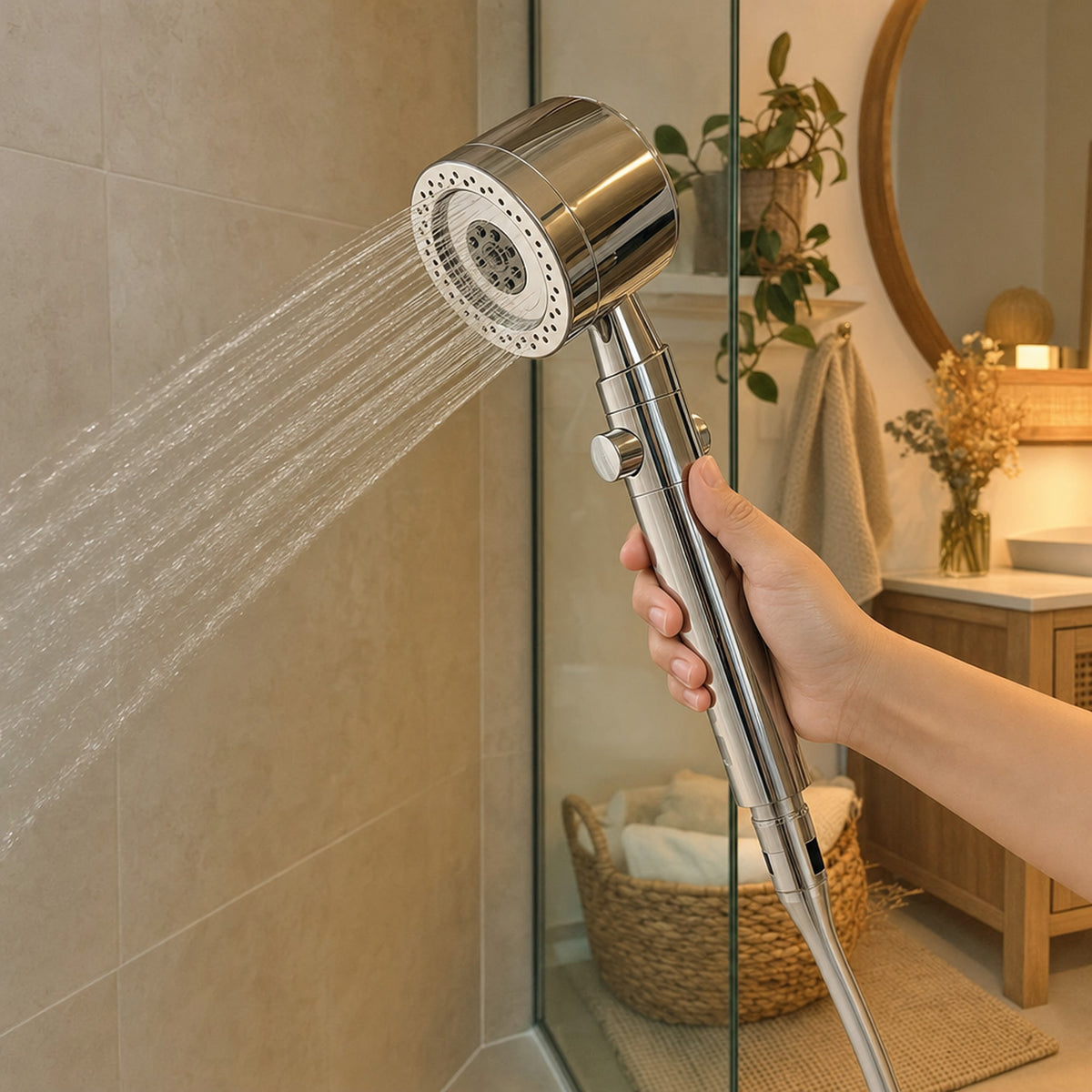 Verdelisse Pressure-Boosting Handheld Shower in Silvery, held in the hand with water spraying