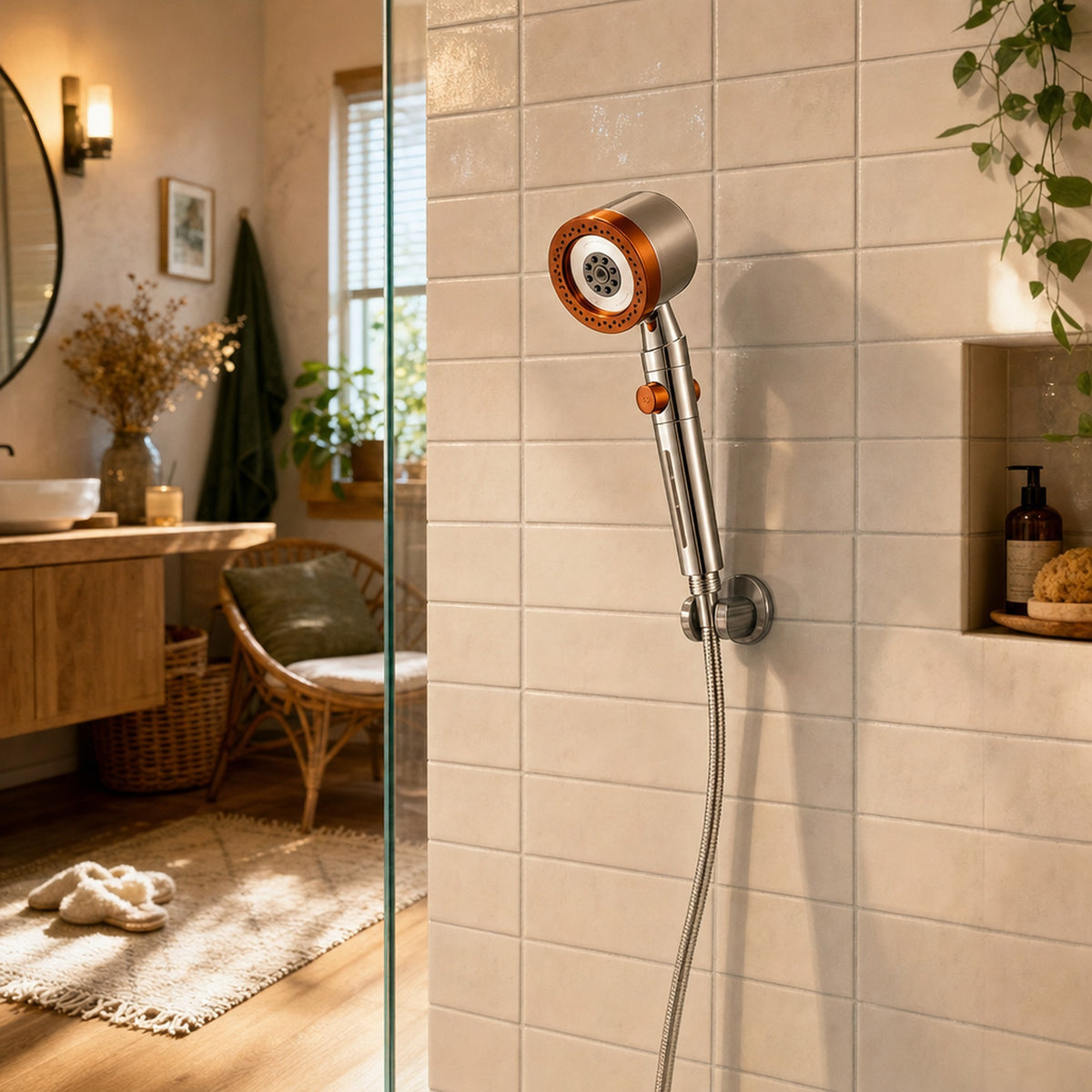 Verdelisse Pressure-Boosting Handheld Shower in Orange, in a warm, cozy bathroom