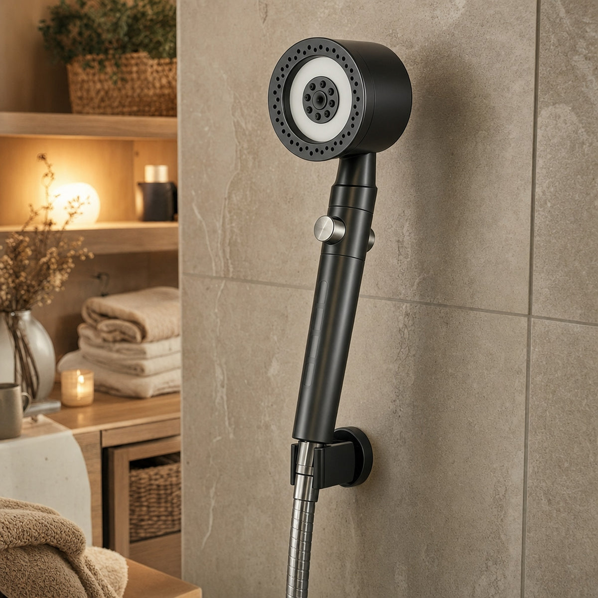 Verdelisse Pressure-Boosting Handheld Shower in Grey, the full shower head with its long handle and button