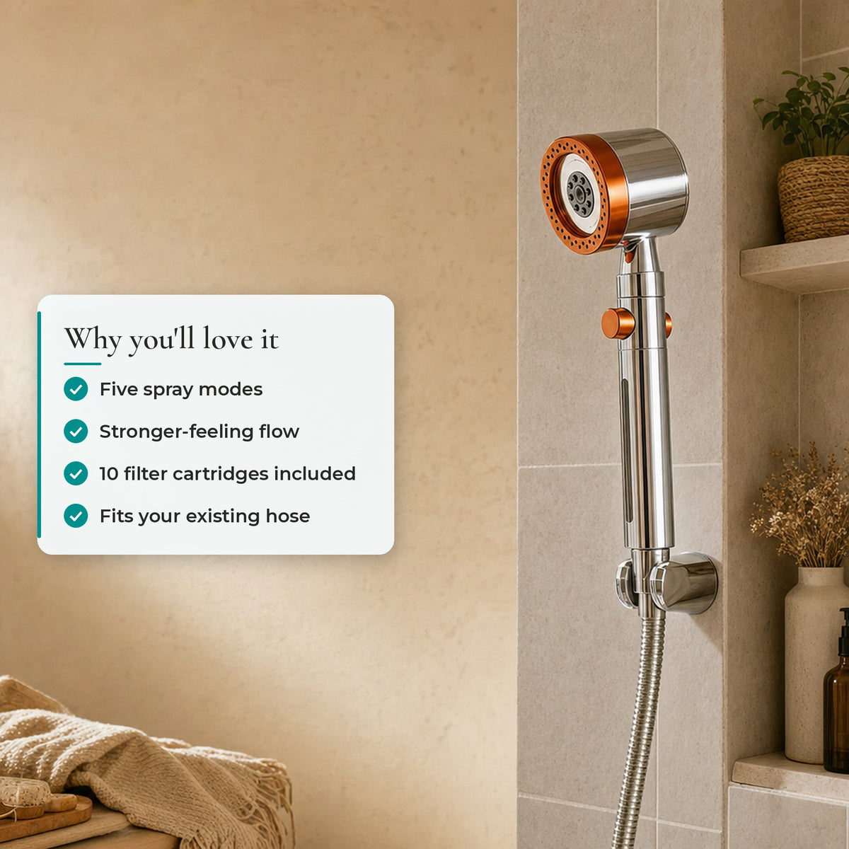 Verdelisse Handheld Shower: Five spray modes, Stronger-feeling flow, 10 filter cartridges, Fits your existing hose