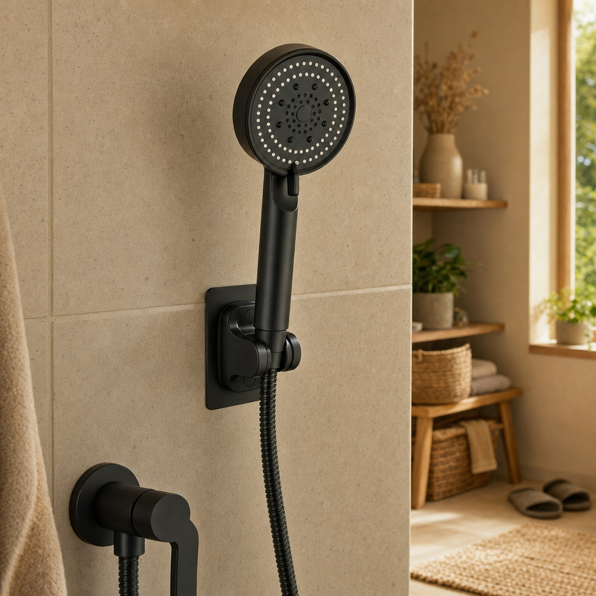 Verdelisse Black Handheld Shower Head with Hose in its adhesive wall holder on a tiled shower wall