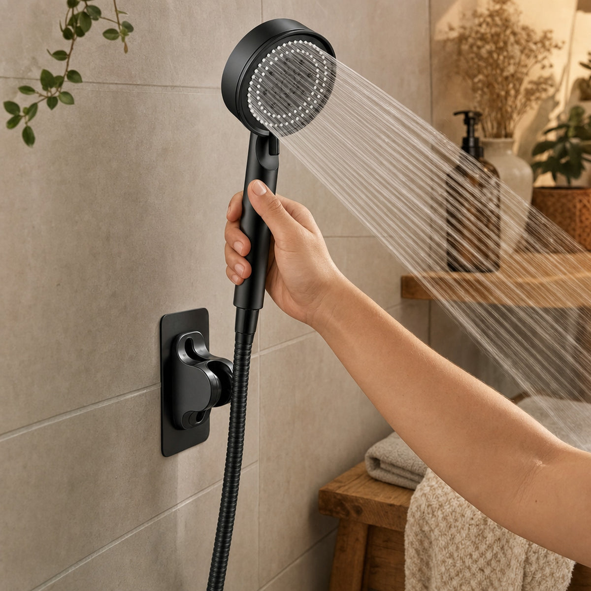 Verdelisse Black Handheld Shower Head with Hose in use, a hand holding it while water sprays