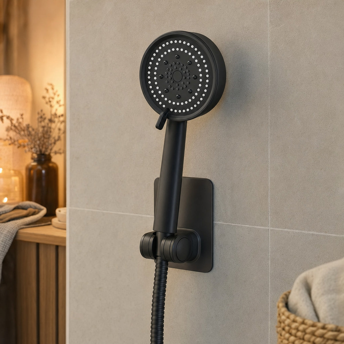Verdelisse Black Handheld Shower Head close-up of the spray face, mode lever and wall holder