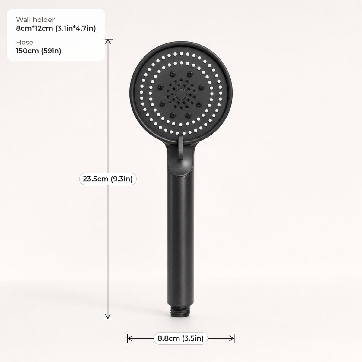 Verdelisse Black Handheld Shower Head dimensions: 23.5cm (9.3in) long, 8.8cm (3.5in) wide, holder 8cm*12cm, hose 150cm