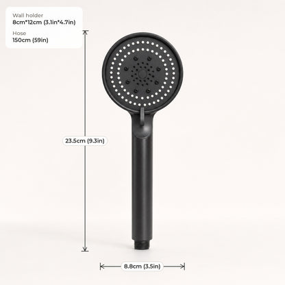 Verdelisse Black Handheld Shower Head dimensions: 23.5cm (9.3in) long, 8.8cm (3.5in) wide, holder 8cm*12cm, hose 150cm