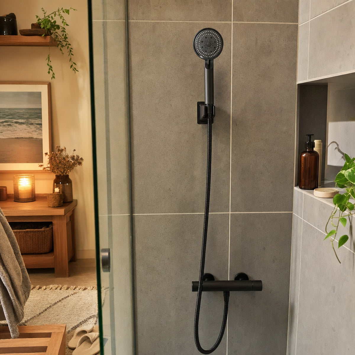 Verdelisse Black Handheld Shower Head with Hose in a cozy walk-in shower