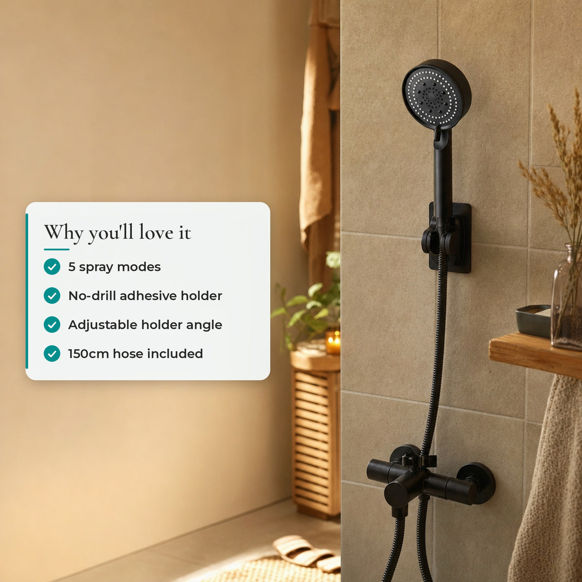 Verdelisse Black Handheld Shower Head: 5 spray modes, no-drill adhesive holder, adjustable holder angle, 150cm hose included