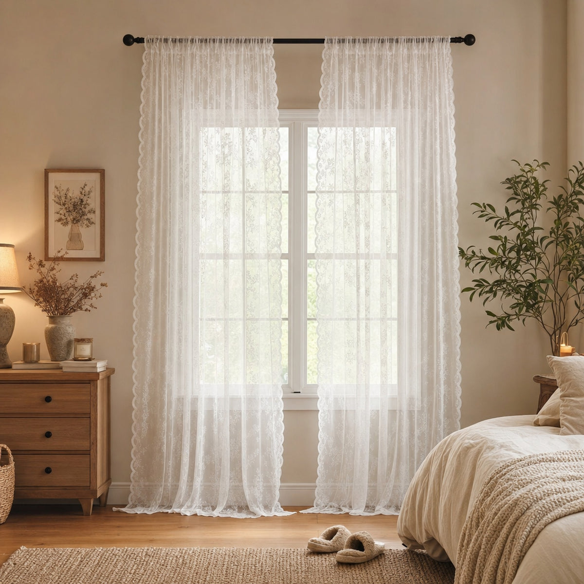 Verdelisse Vintage Floral Lace Sheer Curtain in White, hanging at a bedroom window in soft daylight