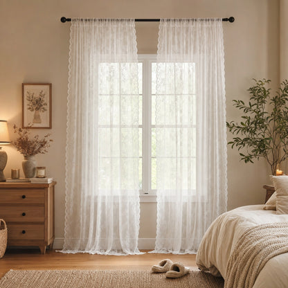 Verdelisse Vintage Floral Lace Sheer Curtain in White, hanging at a bedroom window in soft daylight