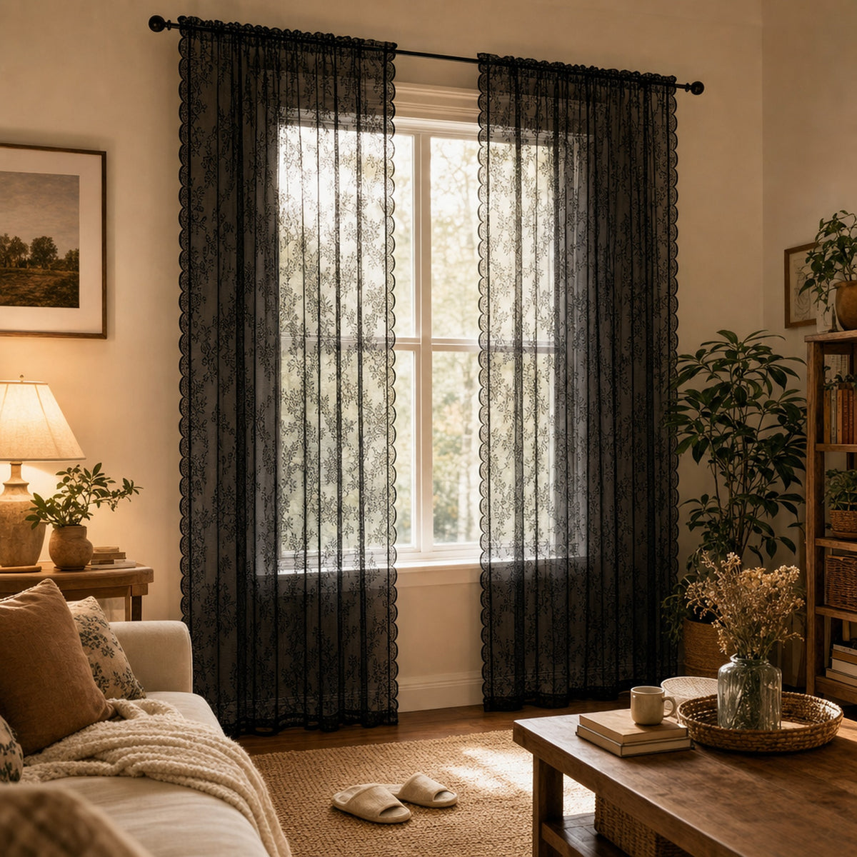 Verdelisse Vintage Floral Lace Sheer Curtain in Black, hanging at a window in a cozy living room
