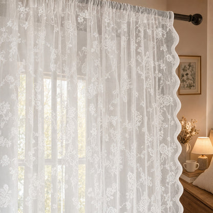 Verdelisse Vintage Floral Lace Sheer Curtain in White, close-up of the floral lace and scalloped edge