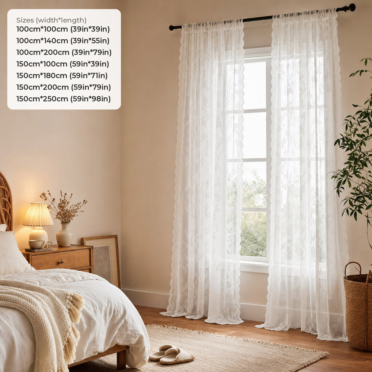 Verdelisse Vintage Floral Lace Sheer Curtain dimensions: 100cm or 150cm wide, 100cm to 250cm long (39in or 59in wide, 39in to 98in long)