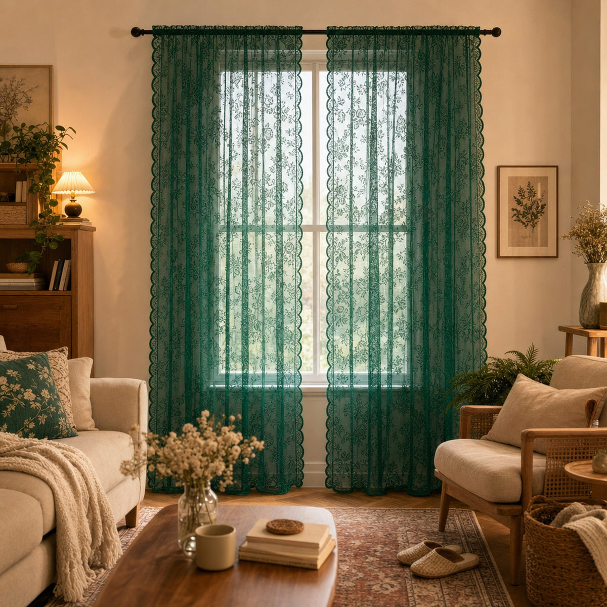 Verdelisse Vintage Floral Lace Sheer Curtain in Green, hanging at the window of a warm living room