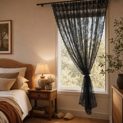 Verdelisse Vintage Floral Lace Sheer Curtain in Black, gathered to the side with a tie-back