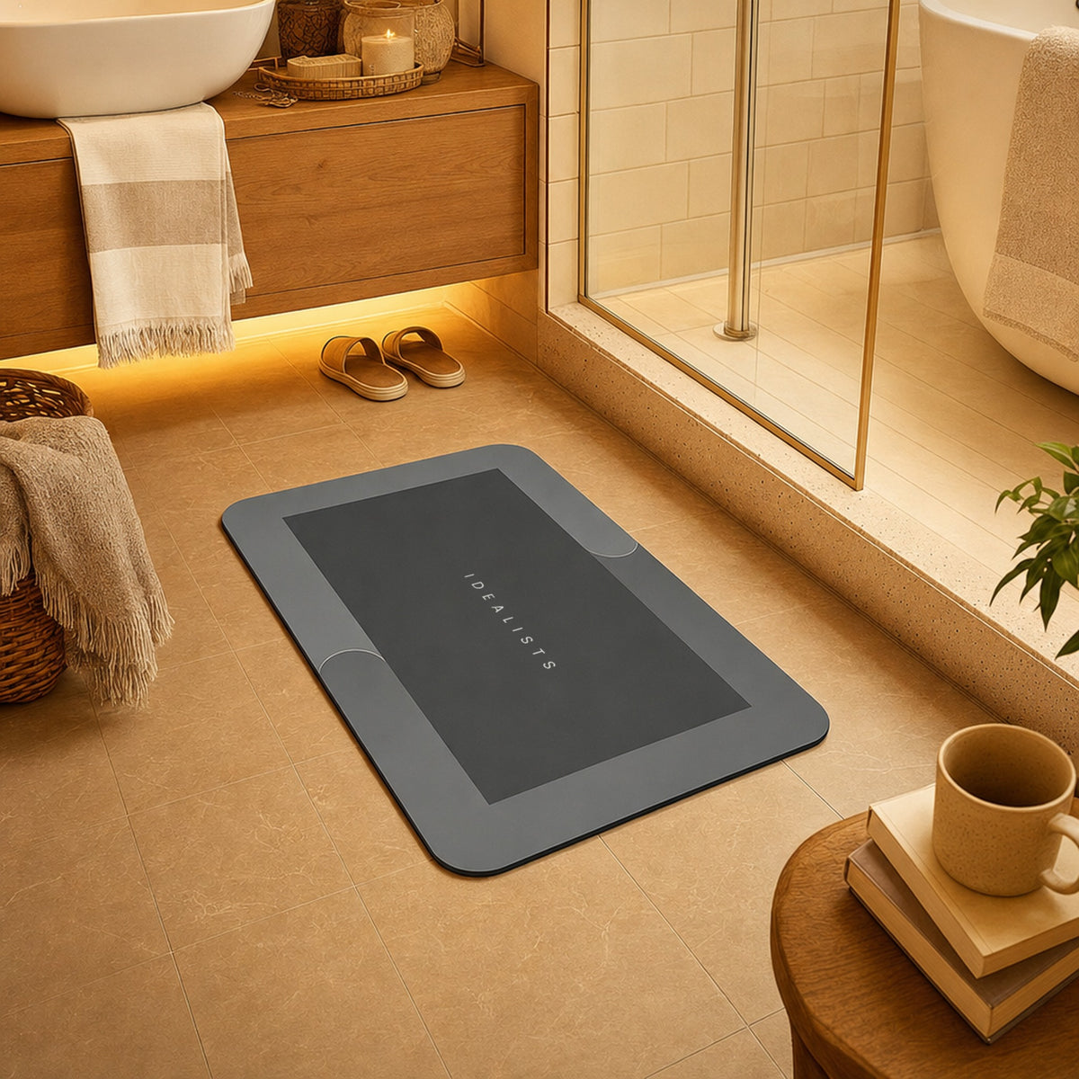 Quick Dry Bath Mat in Dark Grey on a warm bathroom floor in front of the shower