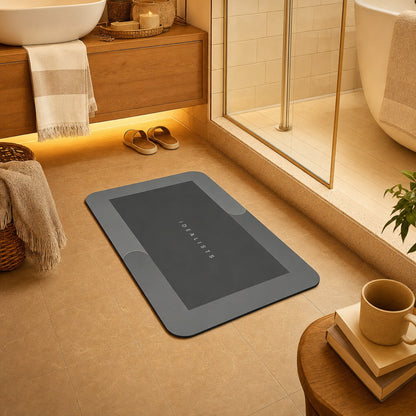 Quick Dry Bath Mat in Dark Grey on a warm bathroom floor in front of the shower