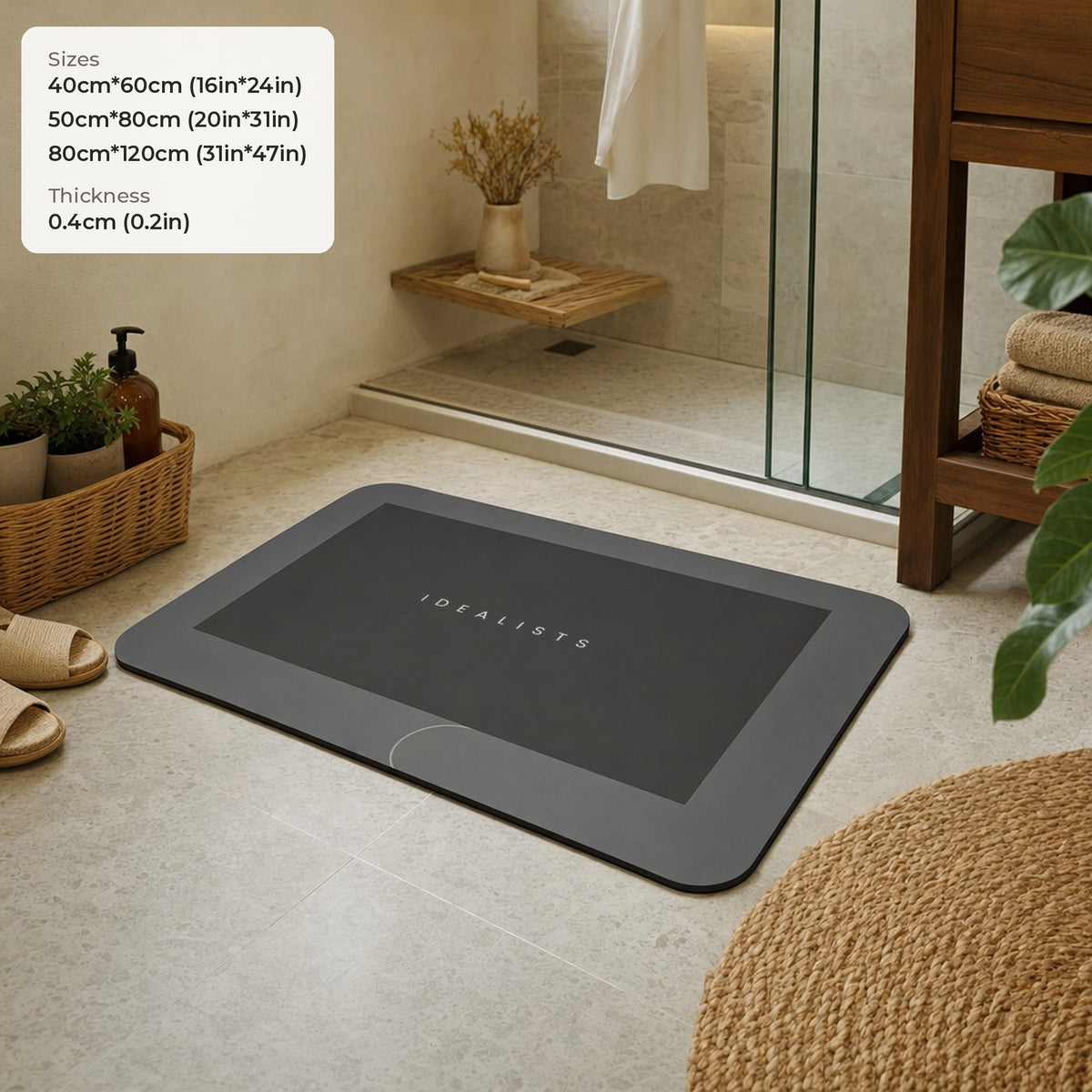Quick Dry Bath Mat sizes: 40cm*60cm (16in*24in), 50cm*80cm (20in*31in), 80cm*120cm (31in*47in), thickness 0.4cm