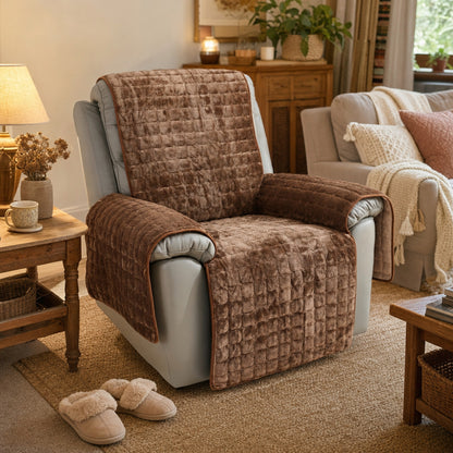 Verdelisse Velvet Recliner Chair Cover in Brown, fitted over a recliner in a cozy living room
