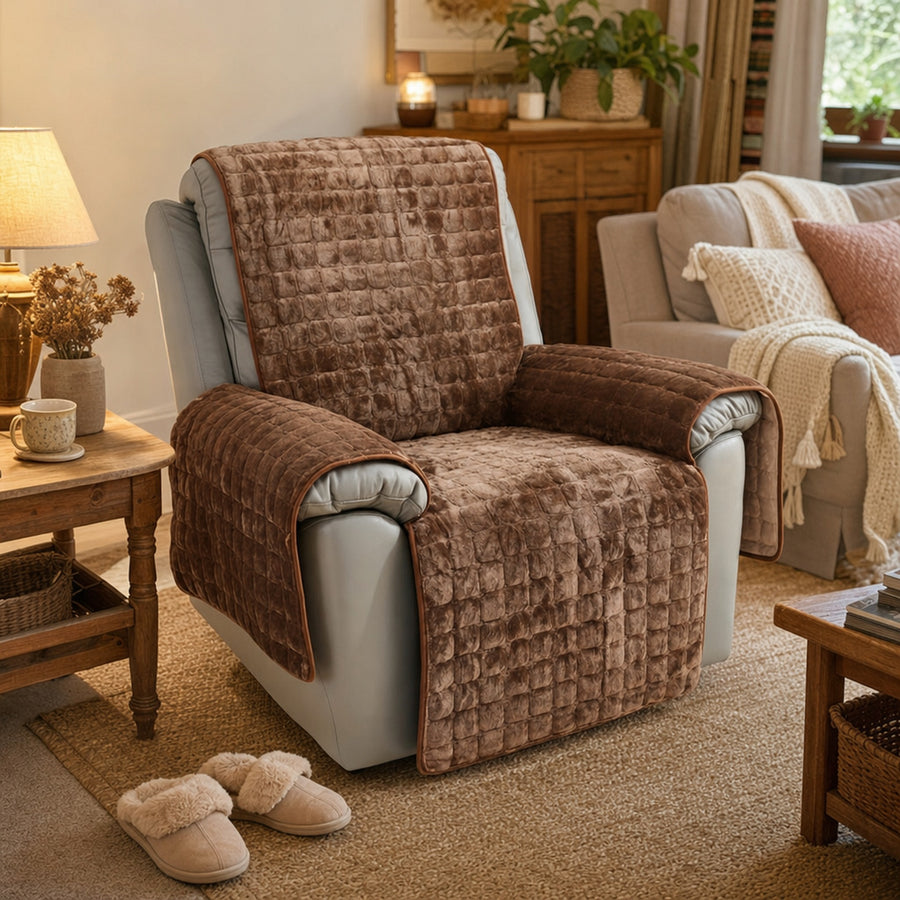 Verdelisse Velvet Recliner Chair Cover in Brown, fitted over a recliner in a cozy living room