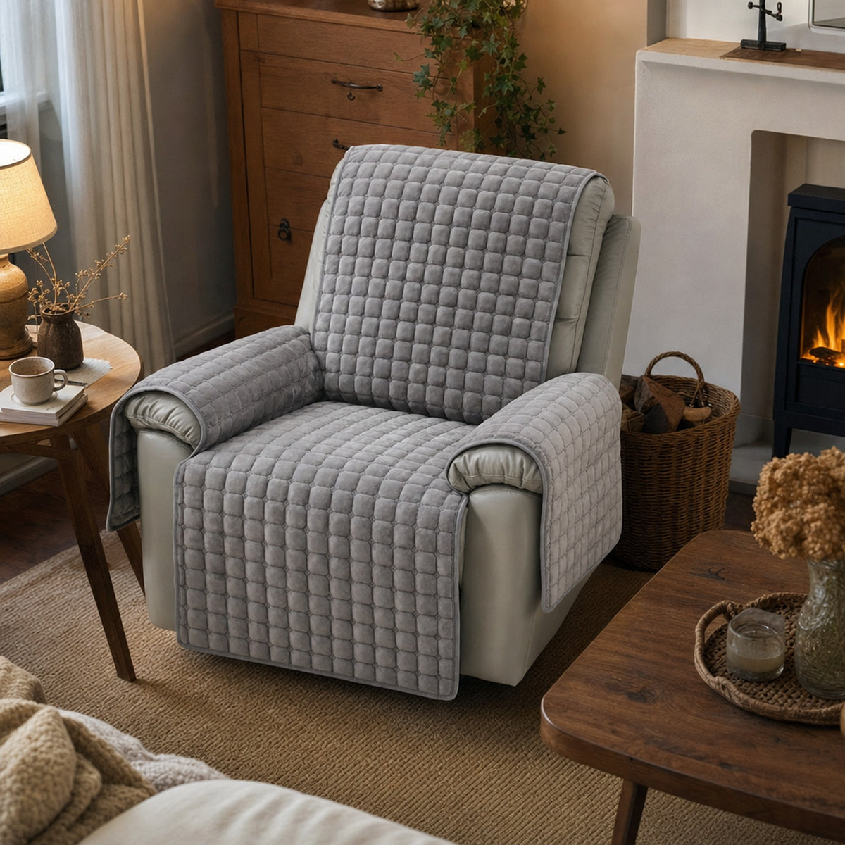 Verdelisse Velvet Recliner Chair Cover in Gray, on a recliner next to a fireplace