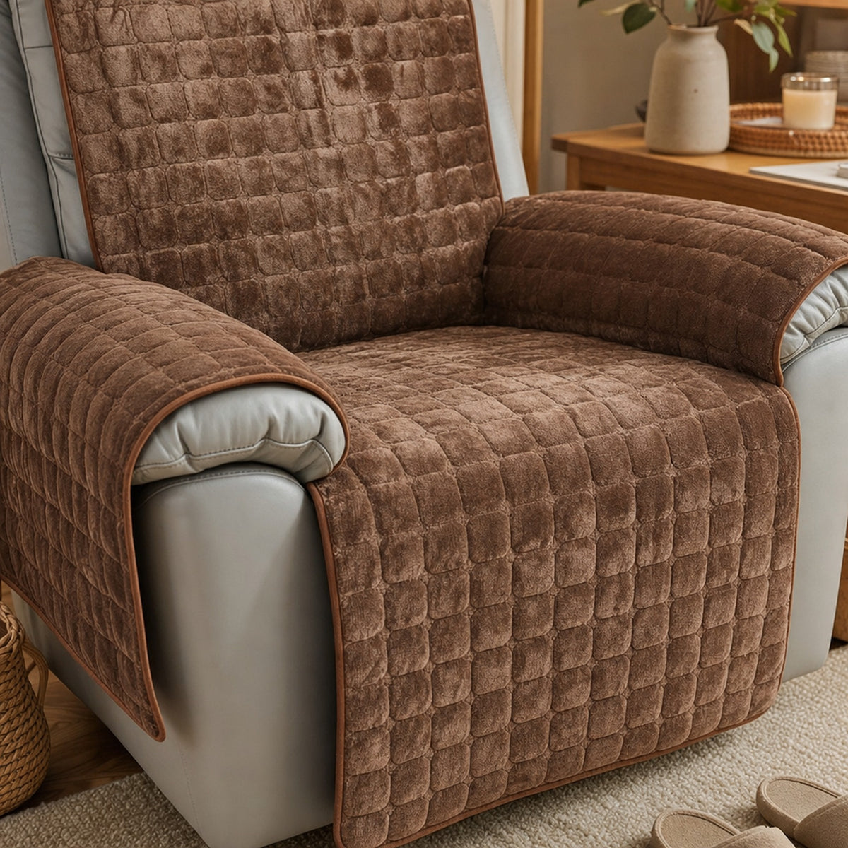 Verdelisse Velvet Recliner Chair Cover in Brown, close-up of the quilted velvet seat and armrest