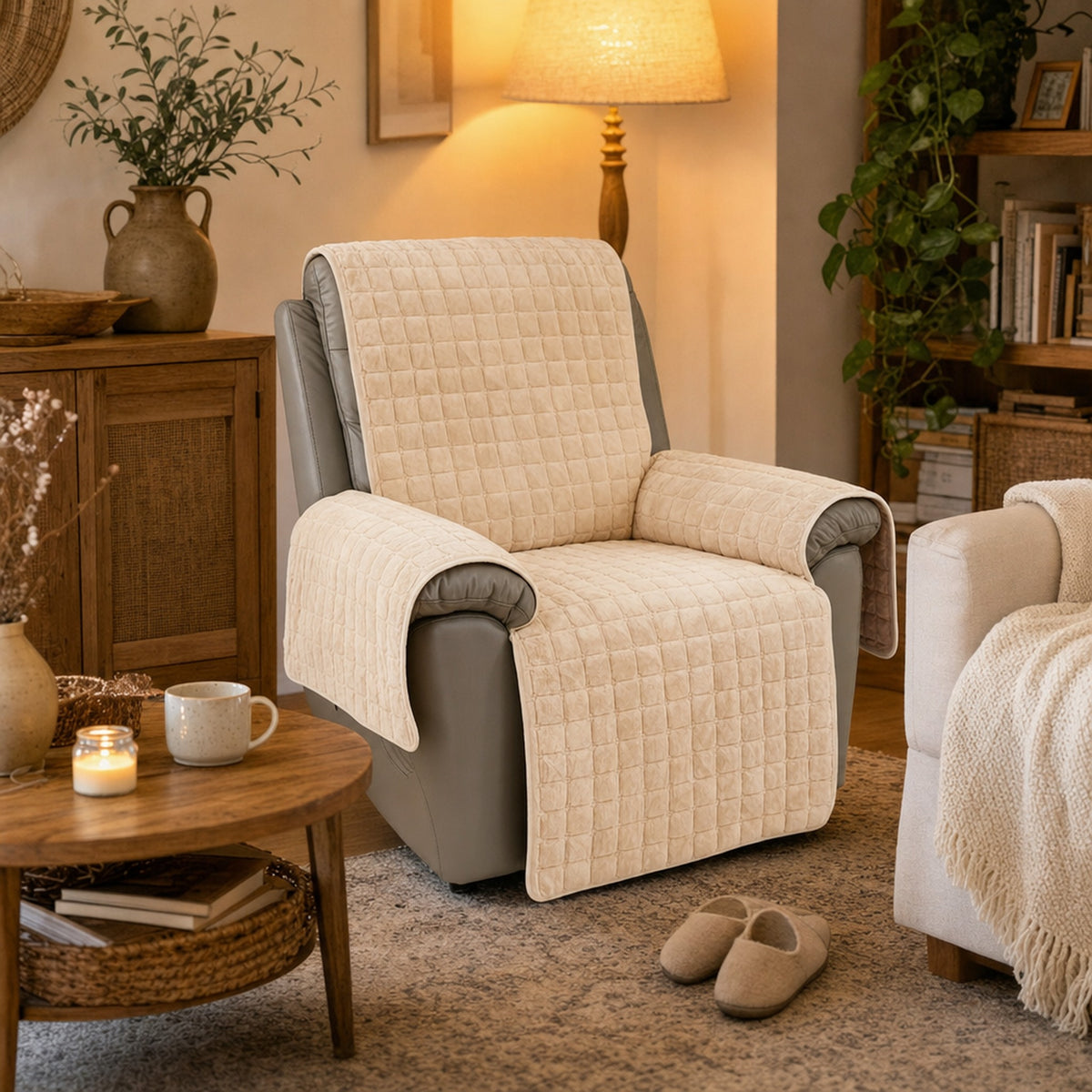 Verdelisse Velvet Recliner Chair Cover in Beige, on a recliner in a warm living room
