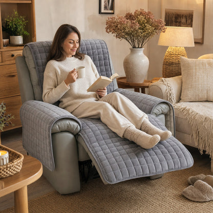 Verdelisse Velvet Recliner Chair Cover in Gray, woman relaxing with tea and a book, footrest up
