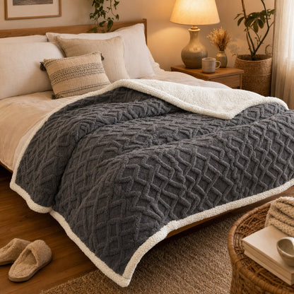 Verdelisse Double-Sided Sherpa Blanket in Gray, spread over a bed in a cozy bedroom