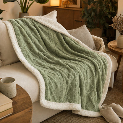 Verdelisse Double-Sided Sherpa Blanket in Green, draped over a linen sofa