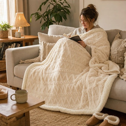 Verdelisse Double-Sided Sherpa Blanket in Cream, woman wrapped in it reading on the sofa
