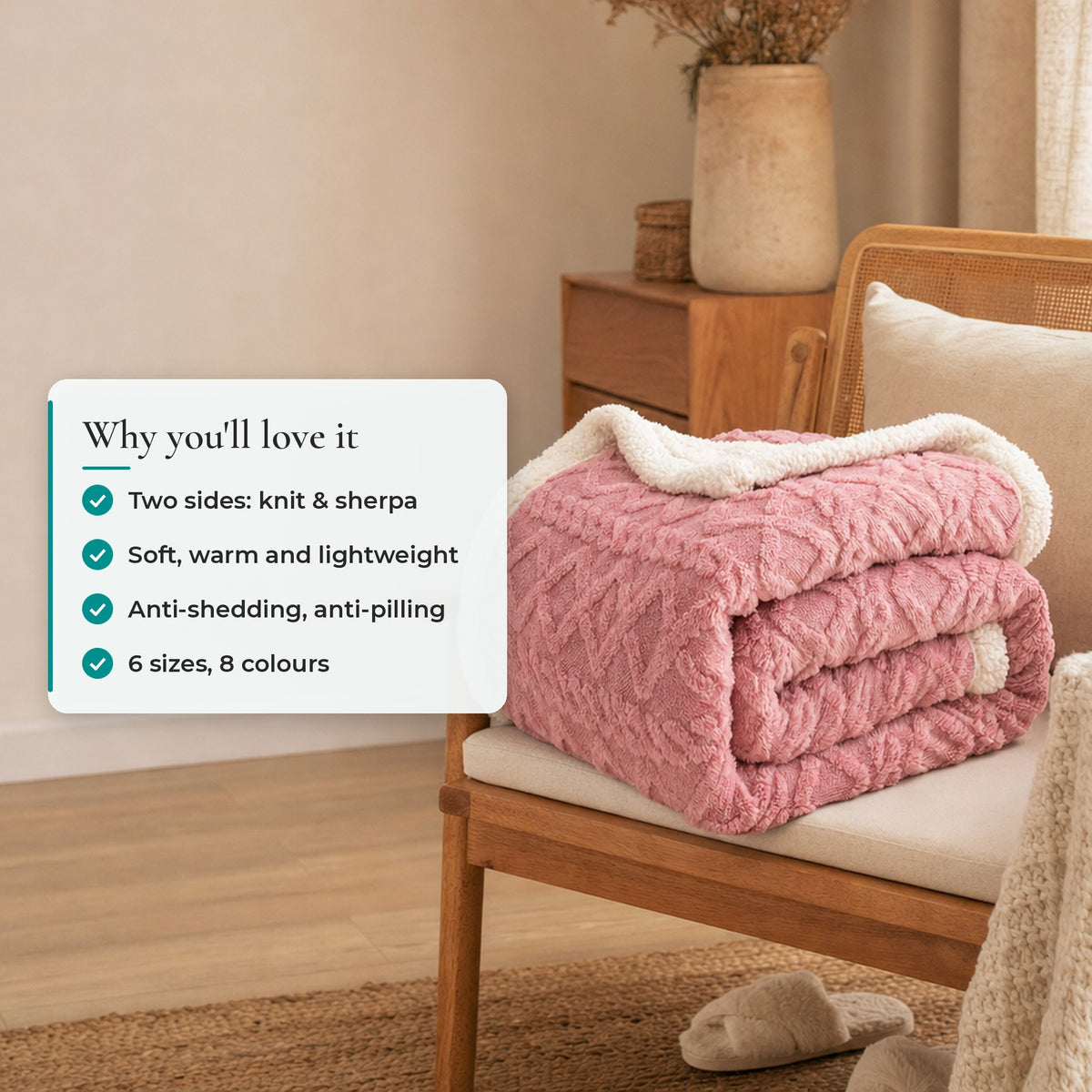 Verdelisse Double-Sided Sherpa Blanket: knit and sherpa sides, soft and lightweight, anti-pilling, 6 sizes, 8 colours