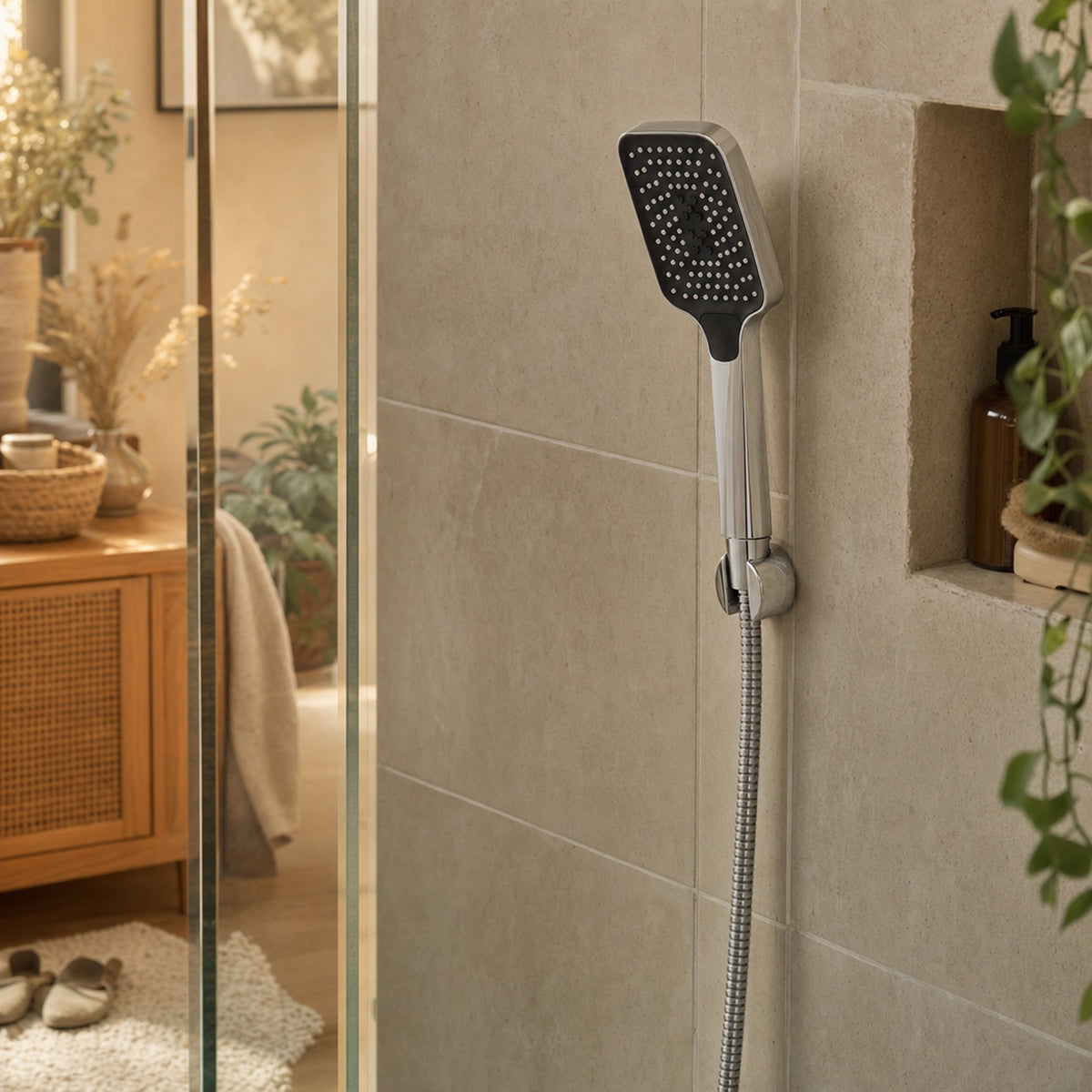 Verdelisse Boosted Shower Head in Silvery, in its wall holder in a walk-in shower