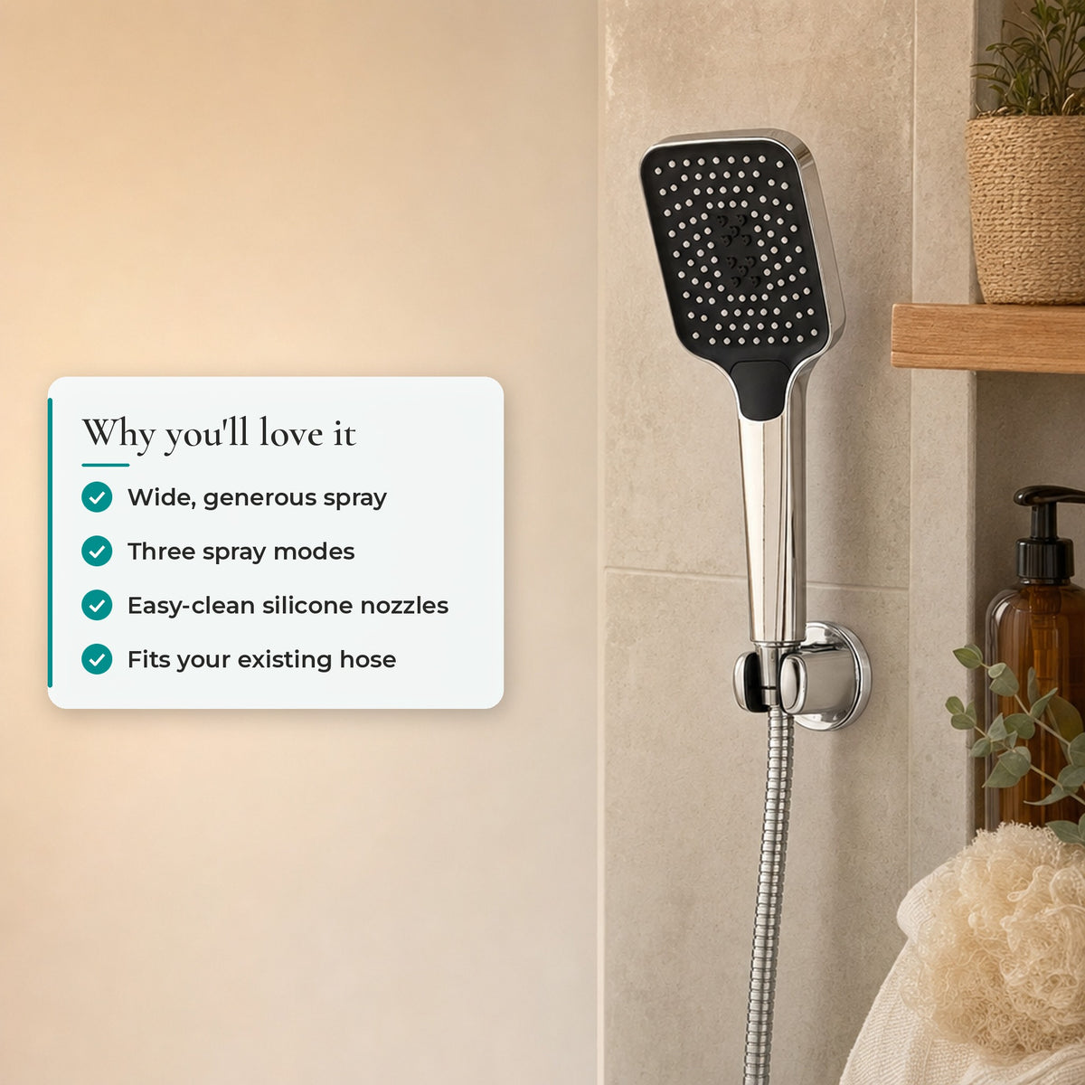 Verdelisse Boosted Shower Head: Wide, generous spray, Three spray modes, Easy-clean silicone nozzles, Fits your existing hose