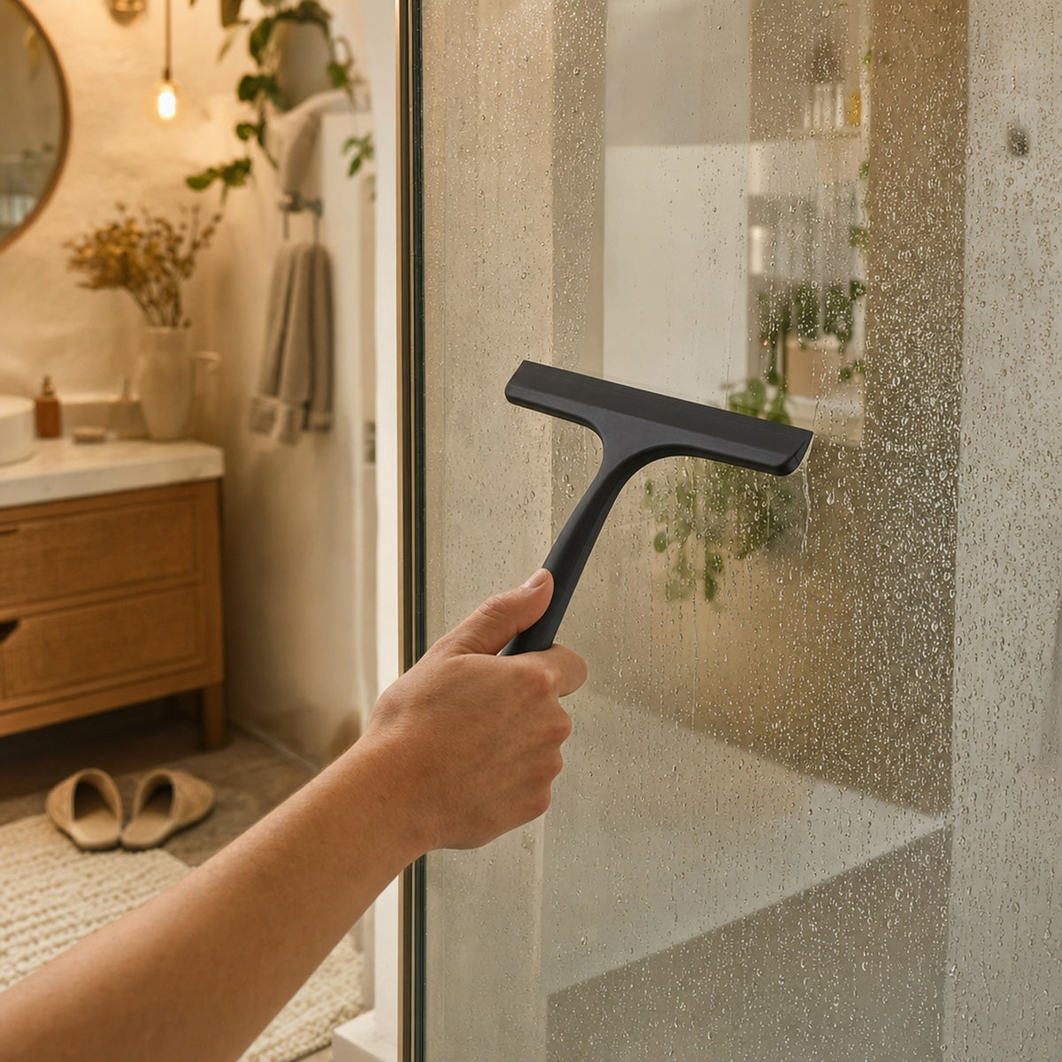 Verdelisse Silicone Shower Squeegee in Black, wiping water off a glass shower door