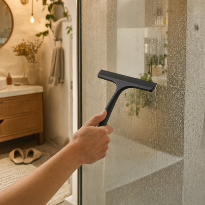 Verdelisse Silicone Shower Squeegee in Black, wiping water off a glass shower door
