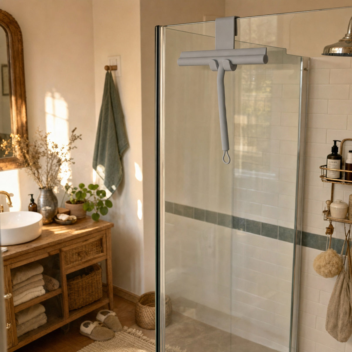 Verdelisse Silicone Shower Squeegee in Gray, hanging on a shower door in a warm bathroom