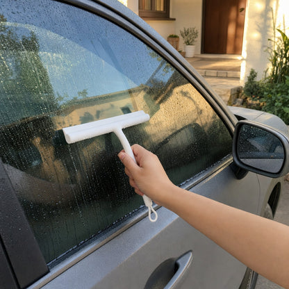 Verdelisse Silicone Shower Squeegee in White, wiping a wet car window