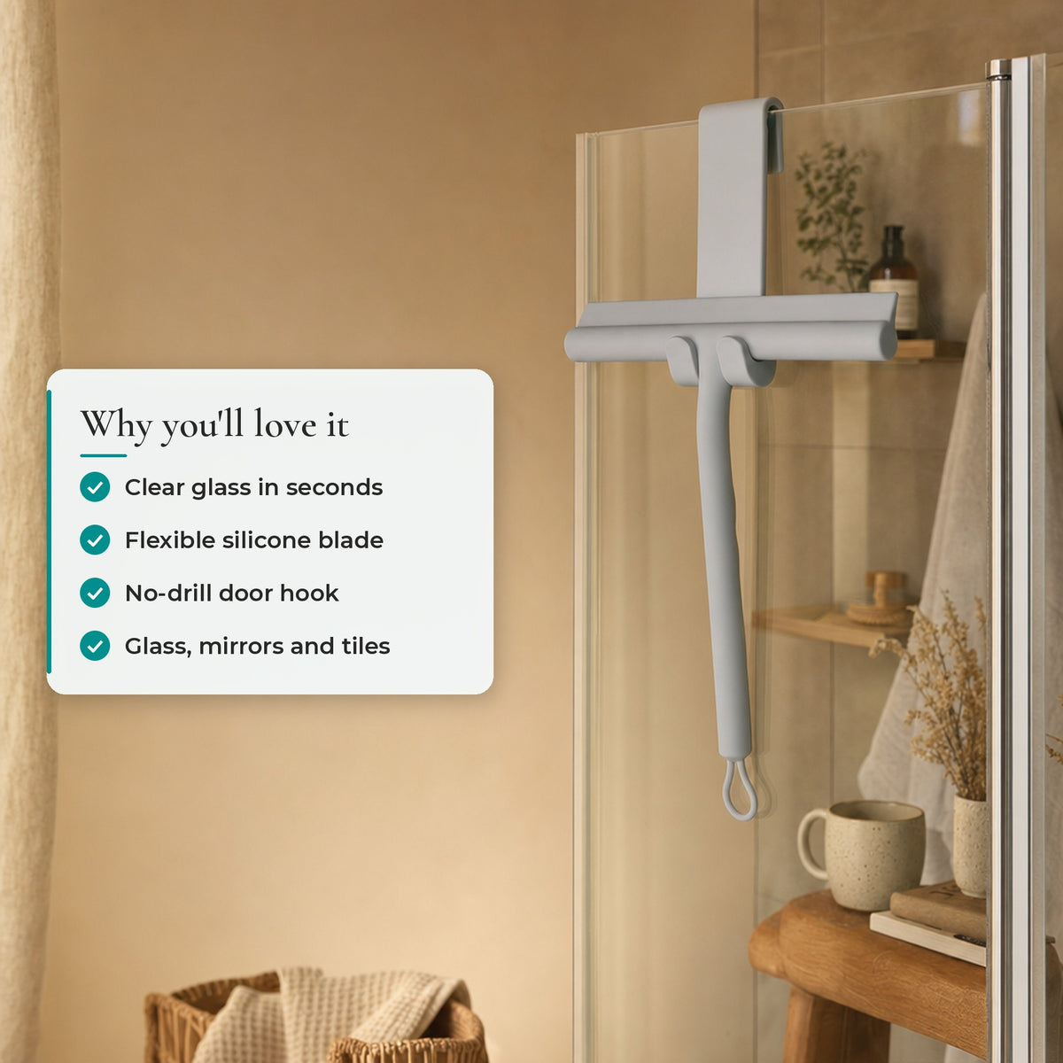Verdelisse Silicone Shower Squeegee: Clear glass in seconds, Flexible silicone blade, No-drill door hook, Glass, mirrors and tiles