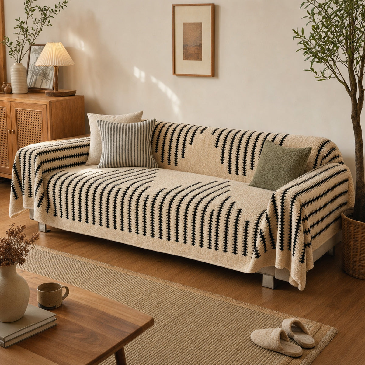 Verdelisse Stripes Sofa Cover in beige and black, draped over a sofa in a cozy living room
